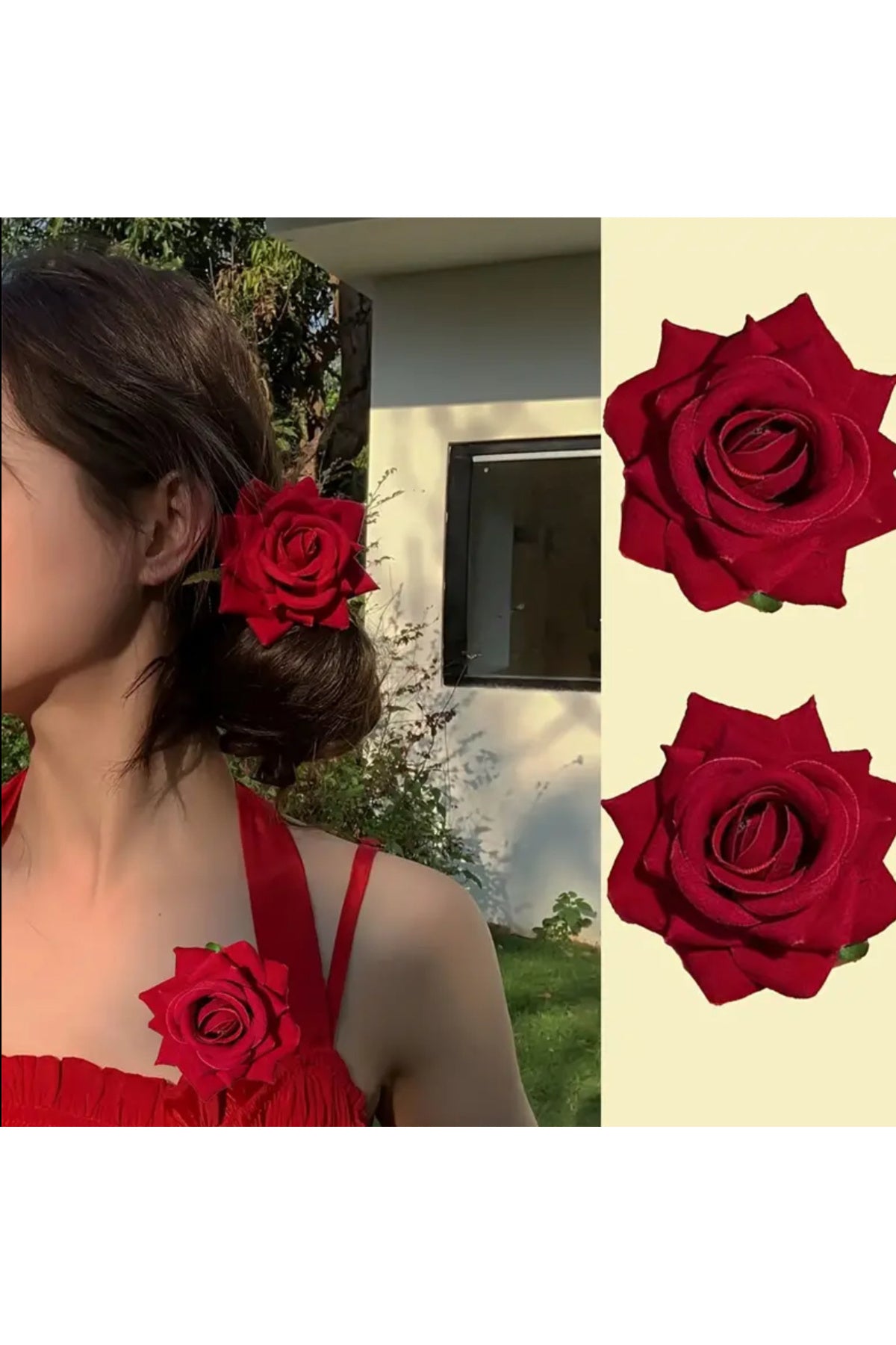 2 adet Vintage Kırmızı Kadife 3D Gül Çiçeği Çift  Broş ve Saç Tokası