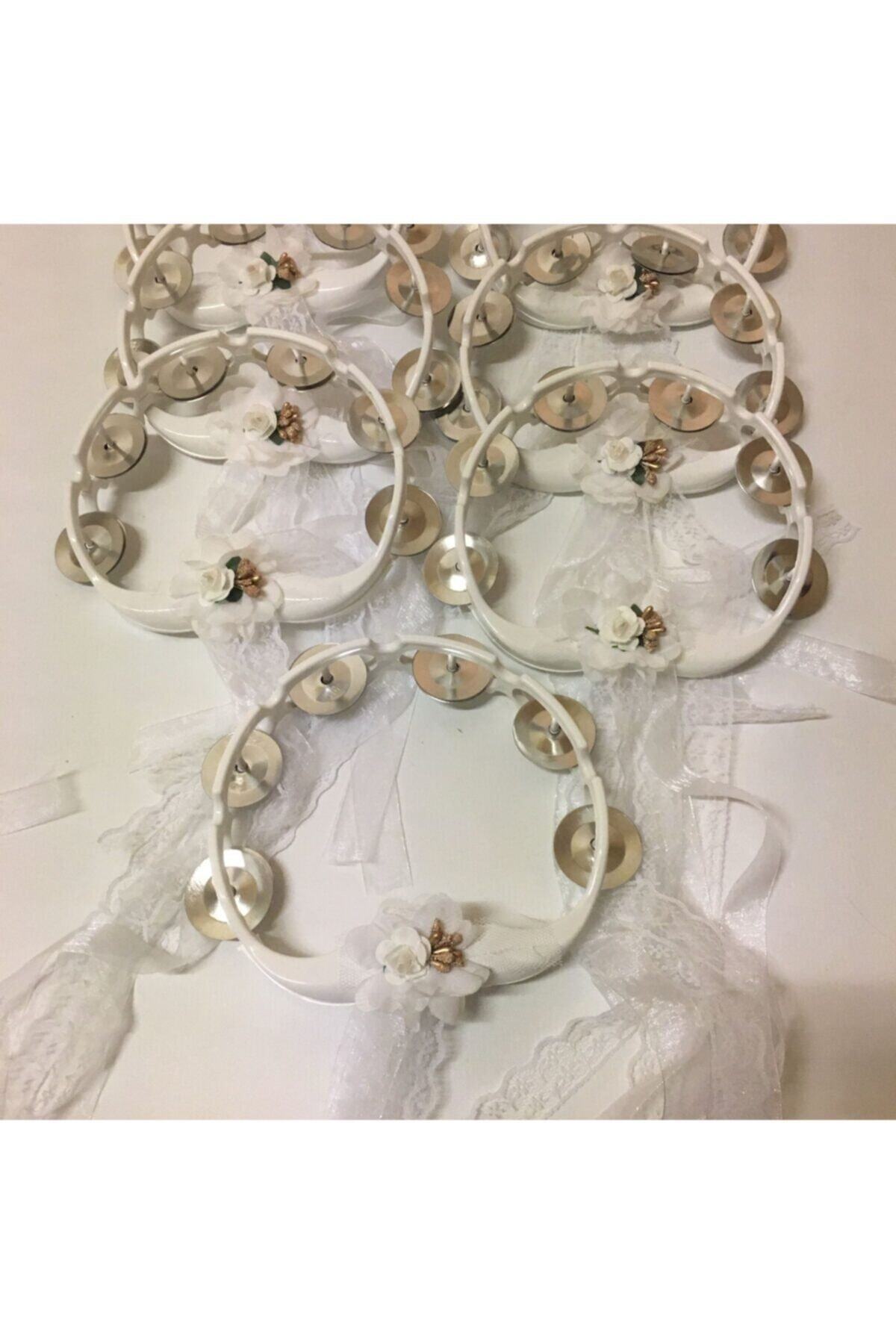 5 Adet Beyaz Çiçeklerle Süslenmiş Nedime Tefi Düğün Ve Kına Için Plastik Tef 1 – Kına Eğlence Akses