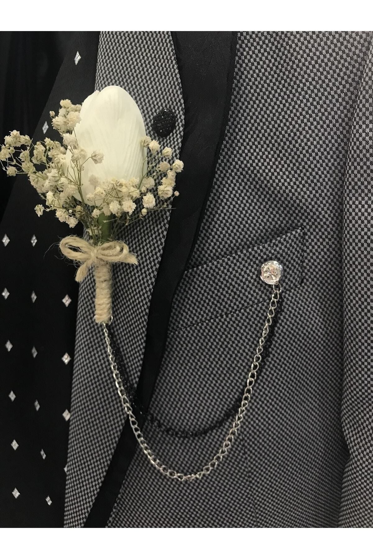 Beyaz Lale Yaka Çiçeği Ve Zincir - Sağdıç Çiçeği - Damat Çiçeği – Yaka Iğnesi