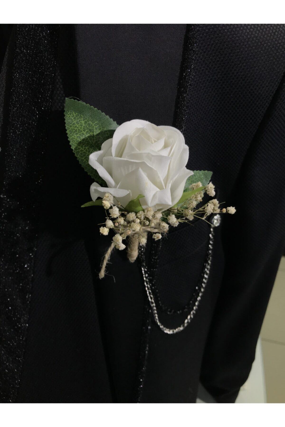 Beyaz Gül Yaka Çiçeği - Damat Çiçeği - Sağdıç Çiçeği – Yaka Iğnesi