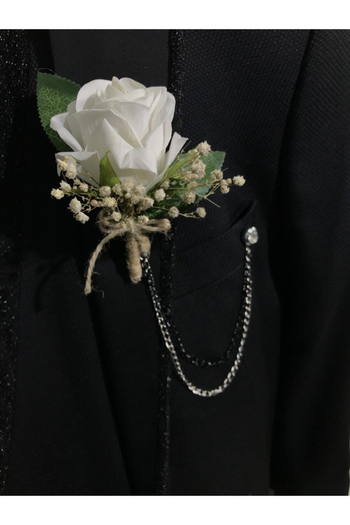 Beyaz Gül Yaka Çiçeği - Damat Çiçeği - Sağdıç Çiçeği – Yaka Iğnesi